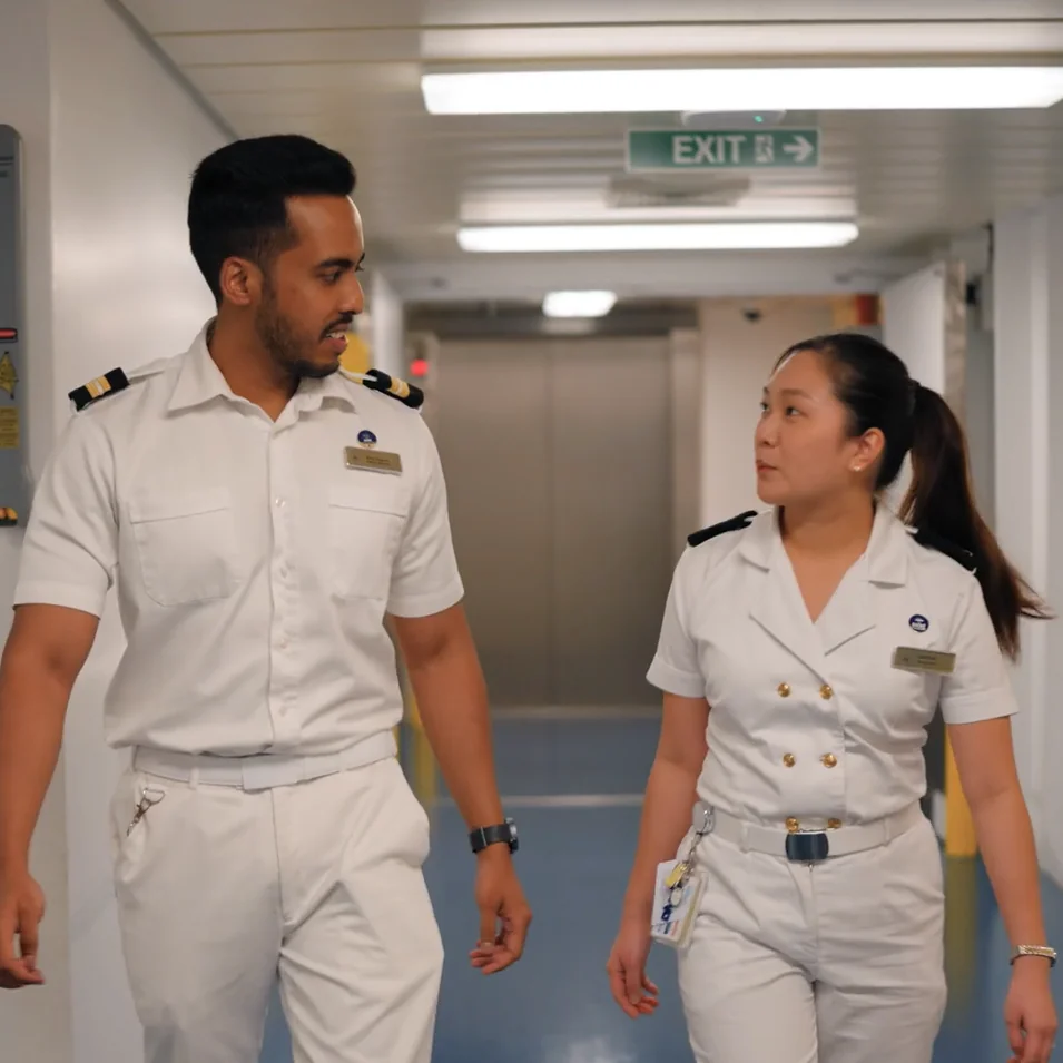 P&O Cruises shipboard colleagues in uniform walk through a crew corridor on board a cruise ship, discussing work as they head between operational areas. The image highlights teamwork, leadership, professional development and life working at sea with P&O Cruises careers.