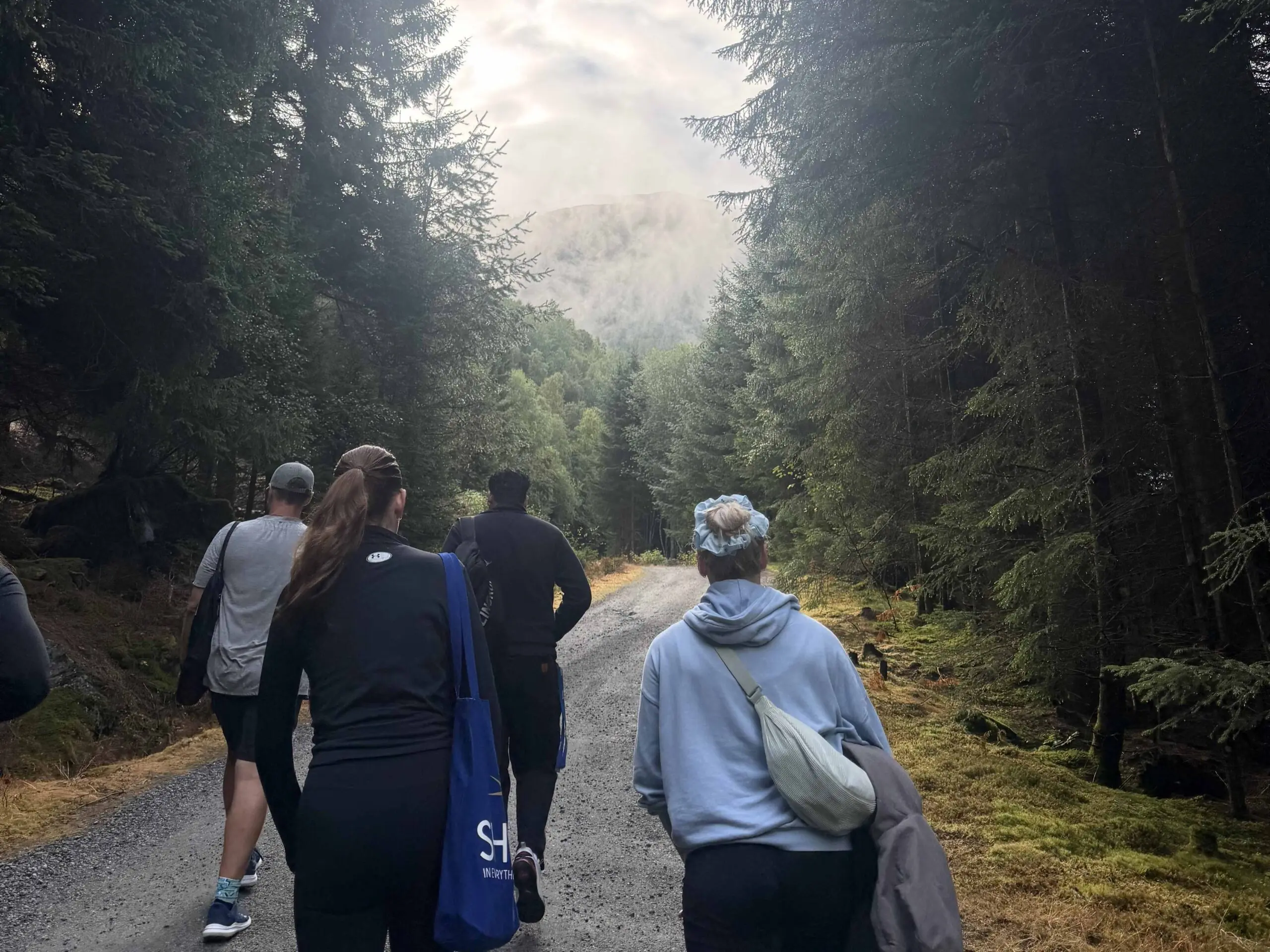 Arvia crew members walk along a forest path during a guided hike in Norway, enjoying the natural scenery ashore.